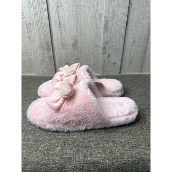 Womens Fuzzy Open Toe Pink Slippers Bow Trim Non-Slip Sole Size M 8-10 - Picture 4 of 7